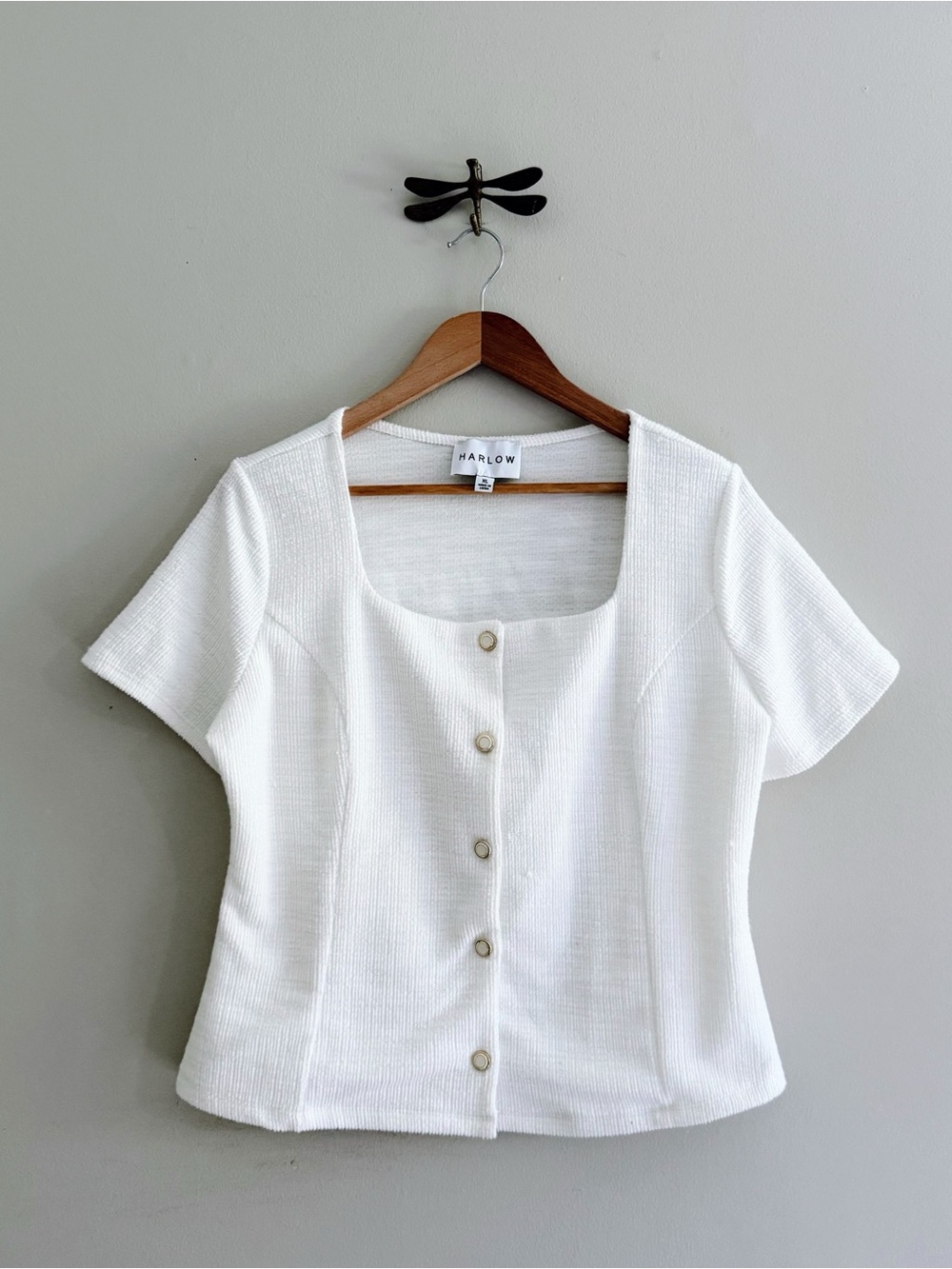 Harlow White Square-Neck Boucle Co-Ord Button Front Short Sleeve Top Women’s XL